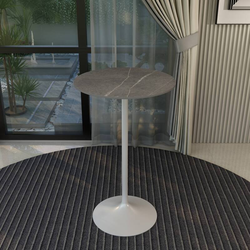 LeisureMod Verve 27" Bar Dining Table with Sintered Stone Round Top in White Steel, White Marbleized