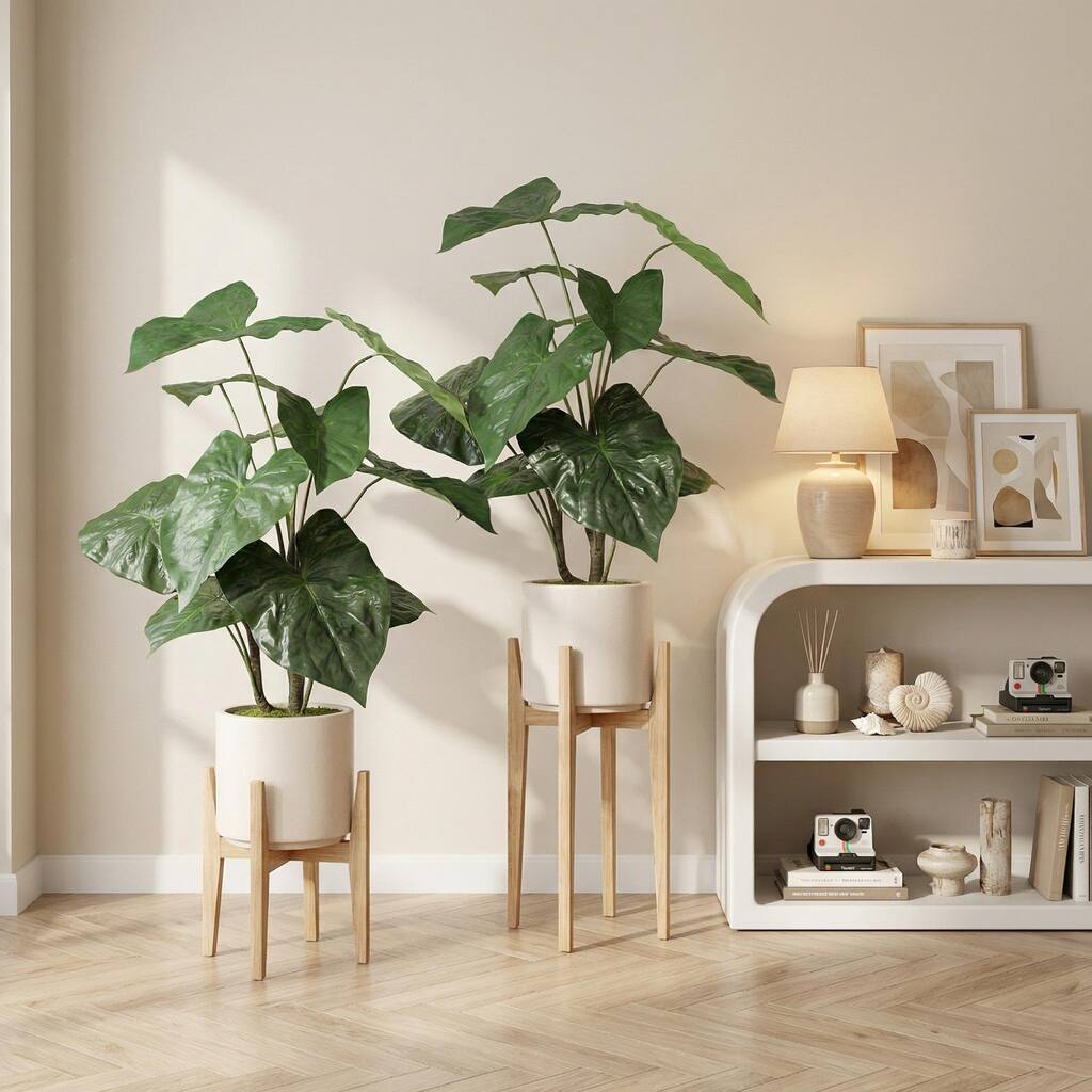 30" Artificial Tropical Alocasia Leaf Plant With White Pot 2pc/set