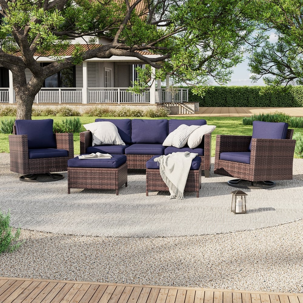 LIVOOSUN 5Pcs Patio Brown Rattan Outdoor Furniture Swivel Rocking Sofa Set