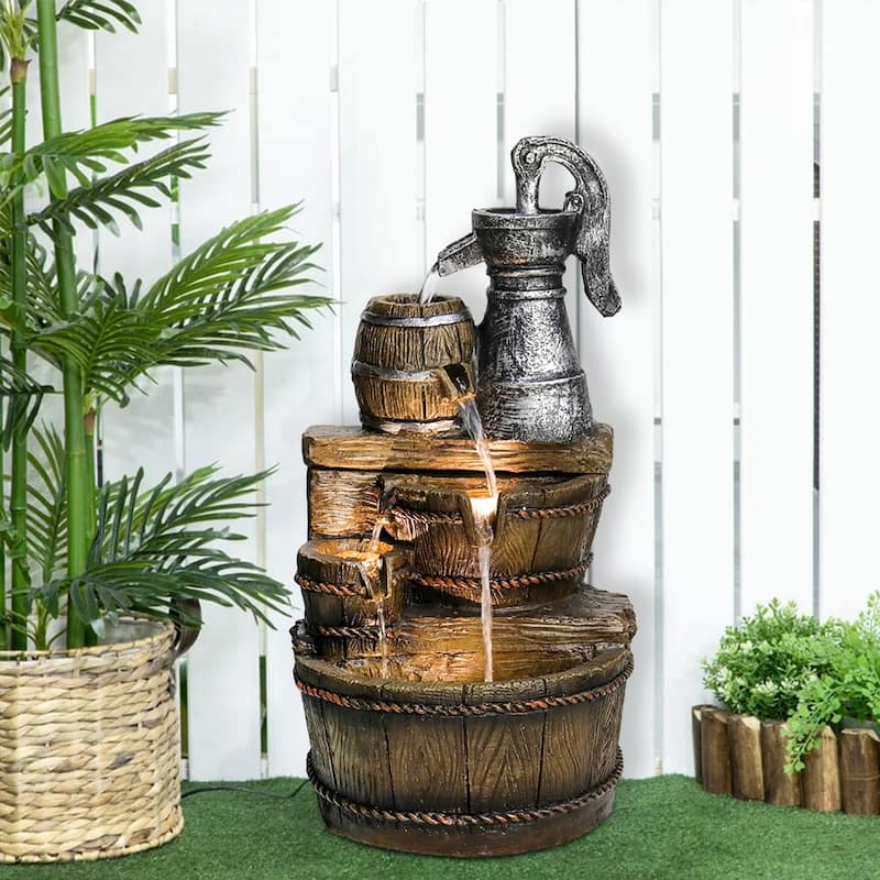 Outdoor Floor Rustic 5-Tiered Barrel and Pump Water Fountain for Home
