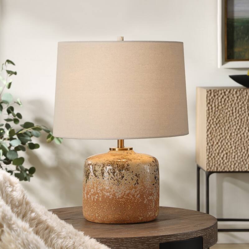 Fired Glaze Terracotta Table Lamp with Round Shade - 17.75" - Brown and Tan