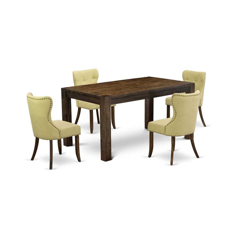5-Piece Natural Brown Finish Solid Wood Top - Rectangular Button Tufted Dining Room Set - Seats 4