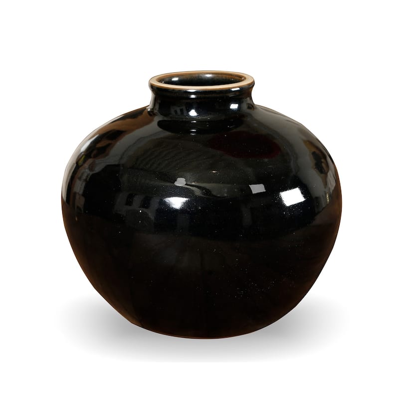 Artissance 10.63"L Round Black Porcelain Glazed Obsidian Small Opening Vase, Home and Garden Decor