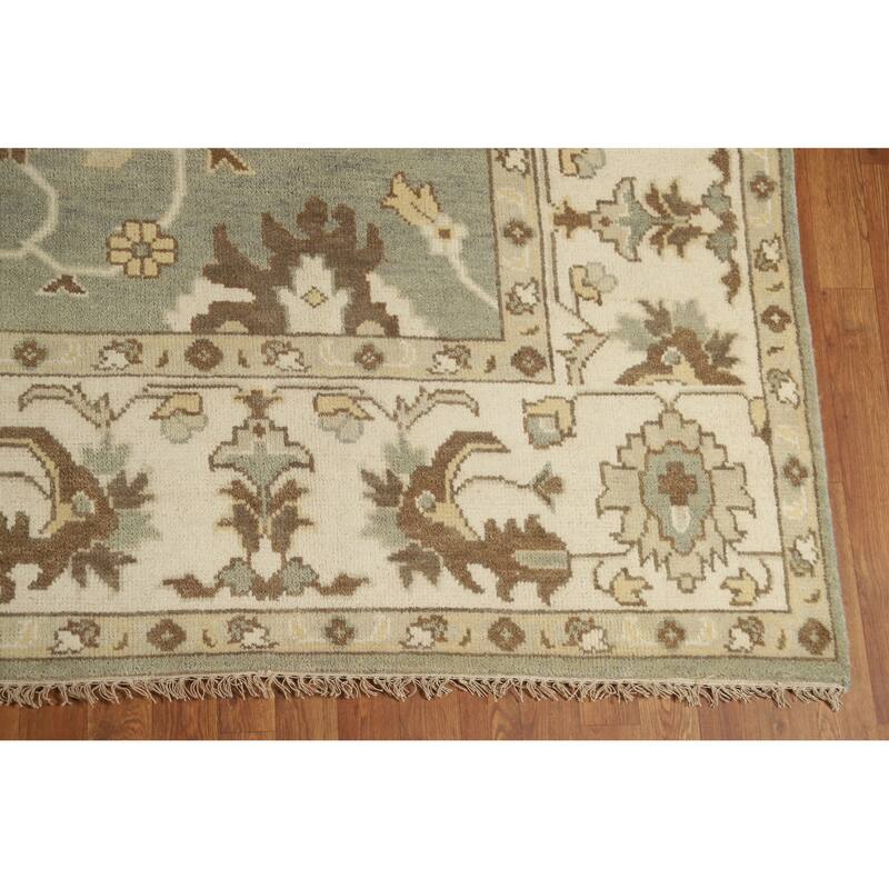 Light Green Floral Oushak Indian Area Rug Hand-Knotted Wool Carpet - 9'2" x 12'1"