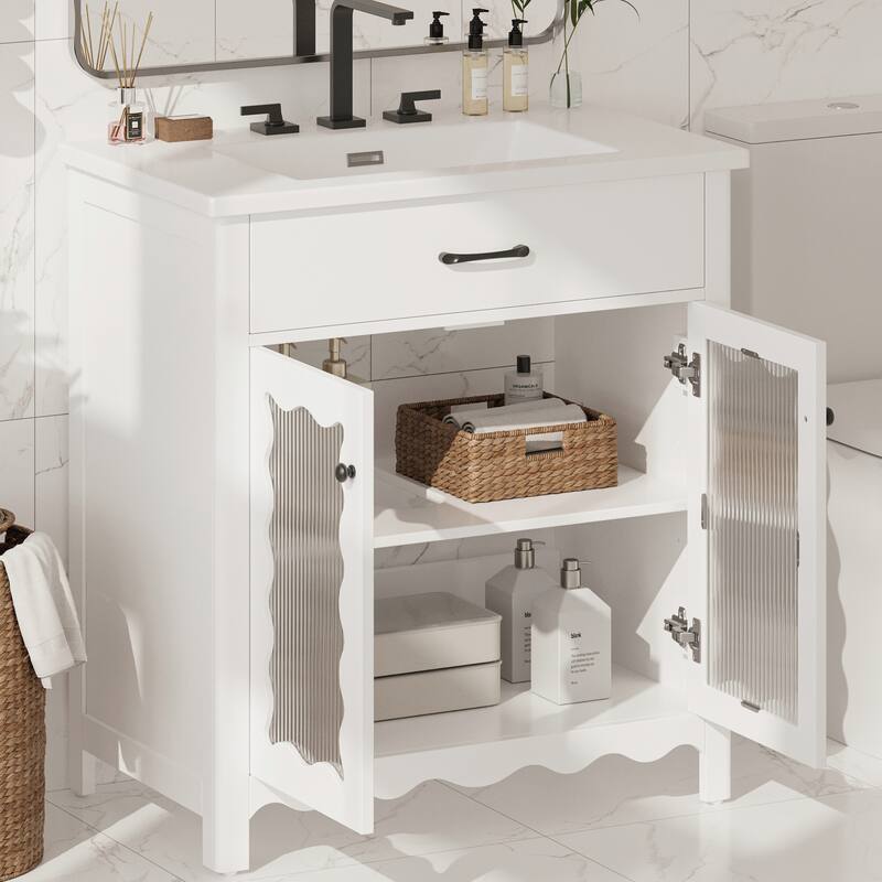 Bathroom Vanity with Sink, Bathroom Cabinet with Tempered Glass Doors & Adjustable Shelves, Wood Bathroom Storage Cabinet - White