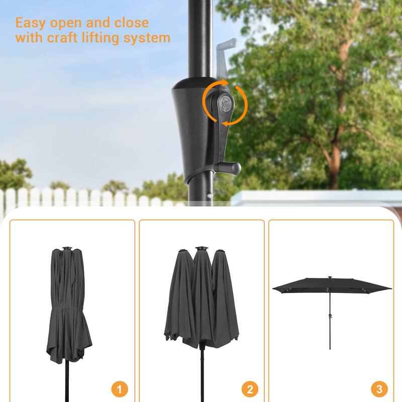 LIVOOSUM 10 x 6.5Ft Solar-powered Large Double-Sided Rectangular Outdoor Patio Market Umbrella with Crank, Gray