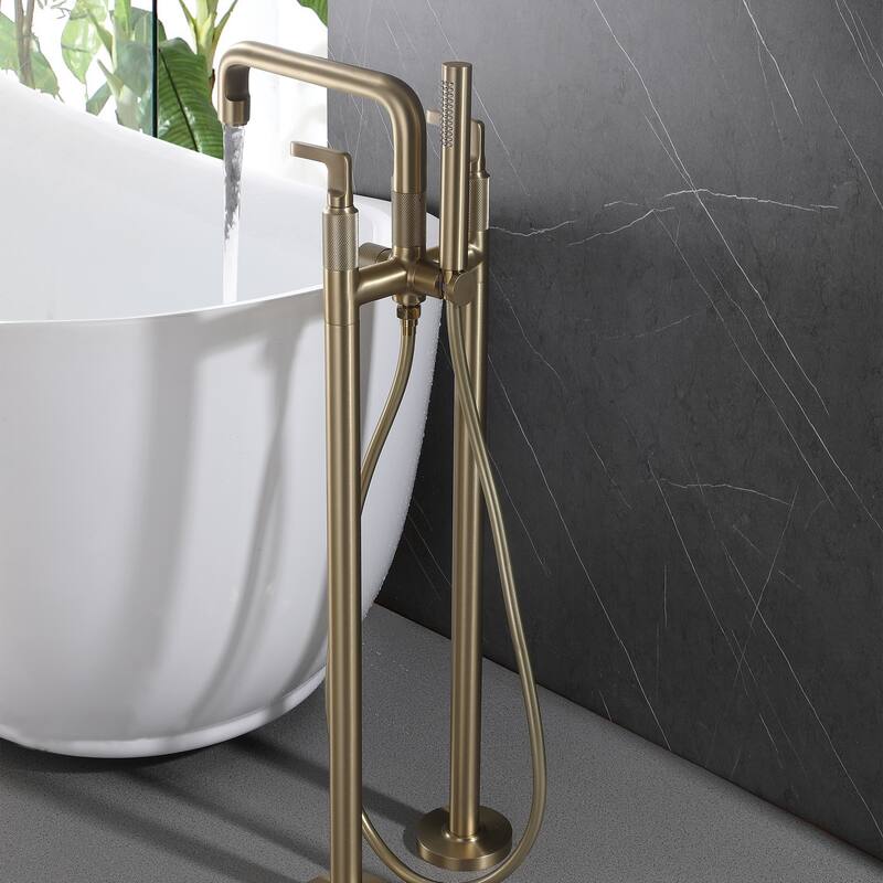 33" H Solid Brass Floor Mounted Freestanding Tub Faucet with Hand Shower and Diverter