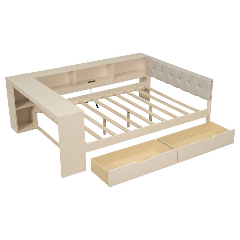 Wooden Platform Bed Multi-Functional Daybed with Desk, Linen Headboard, 2 Drawers, Charging Station and Mulit-Storage Shelves