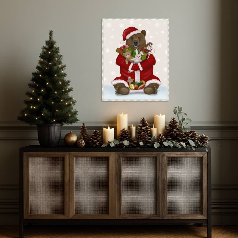 Christmas Christmas Present Bear Hug by Fab Funky (23 x 28 in.), Framed Canvas Wall Art Print - Sylvie Beaded White