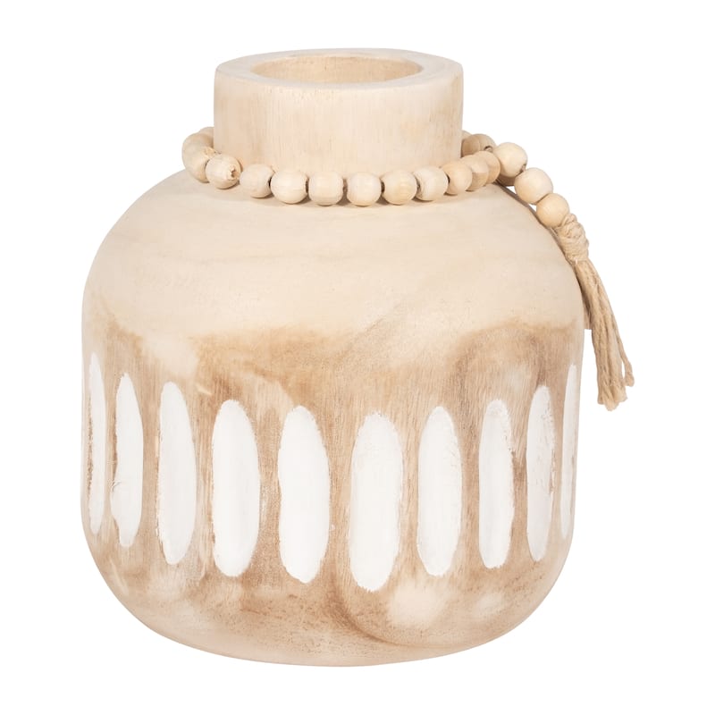 Sagebrook Home Wood, 8" Round Ridged Vase With Tassels, Round, 8"H, Ridged
