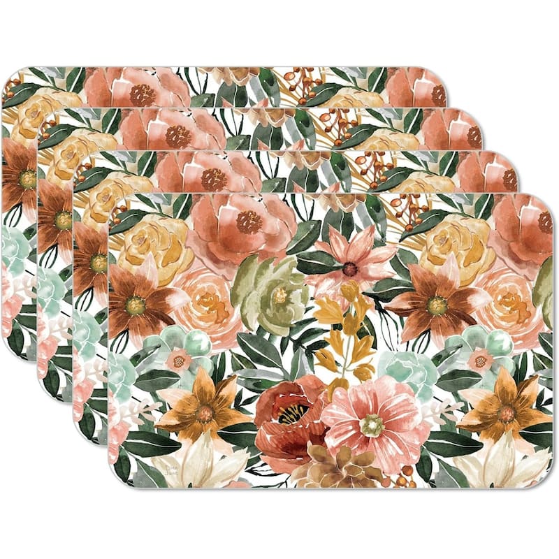 Floral Chic 4 Pack Reversible Easy Care Flexible Plastic Placemats Made in The USA BPA Free Easily Wipes Clean - multi - Set of 4