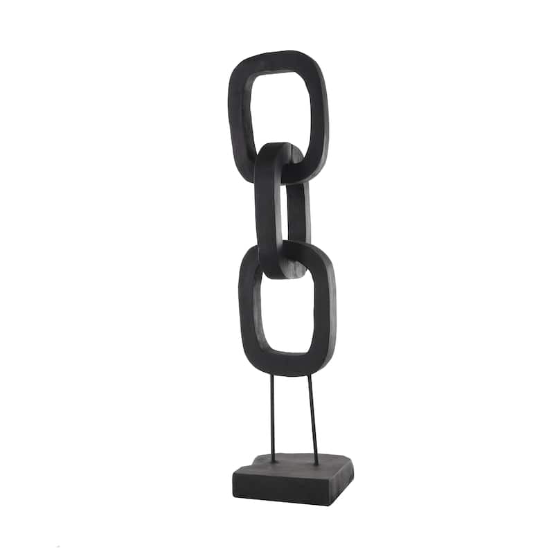 Black Teak Wood Tall 3 Link Chain Decorative Sculpture with Stand