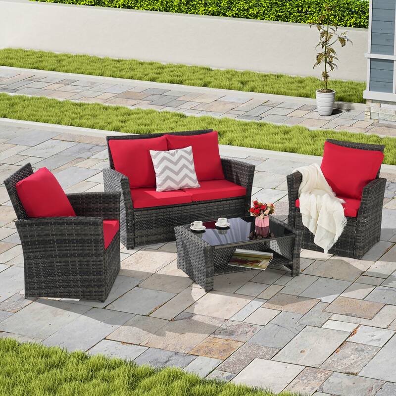 4 Piece Outdoor Rattan Conversation Furniture Sets, All Weather Patio Wicker Chair Set with Tempered Glass Coffee Table