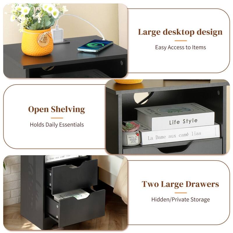 15.7"W Nightstand, P2 Particleboard, Matte Melamine, Handleless, 2 Drawers, US Outlet