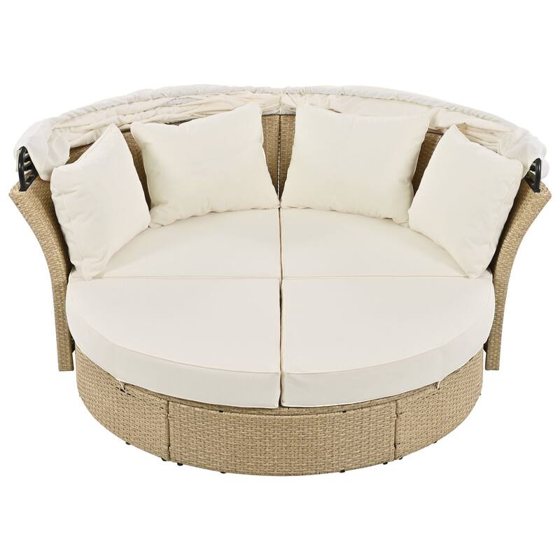Outdoor Patio Daybed, Outdoor Furniture Set with Retractable Canopy, Patio Wicker Rattan Round Sofa with 4 Pillows