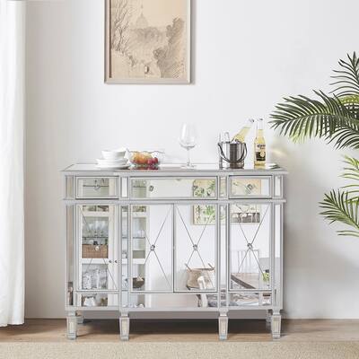 MDF With Mirror Surface Three Drawers and Four Doors Chest, Silver