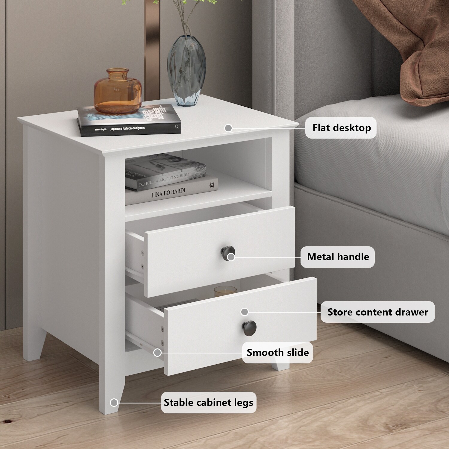 Timechee 21.7'' Tall 2 - Drawer Nightstand in White End