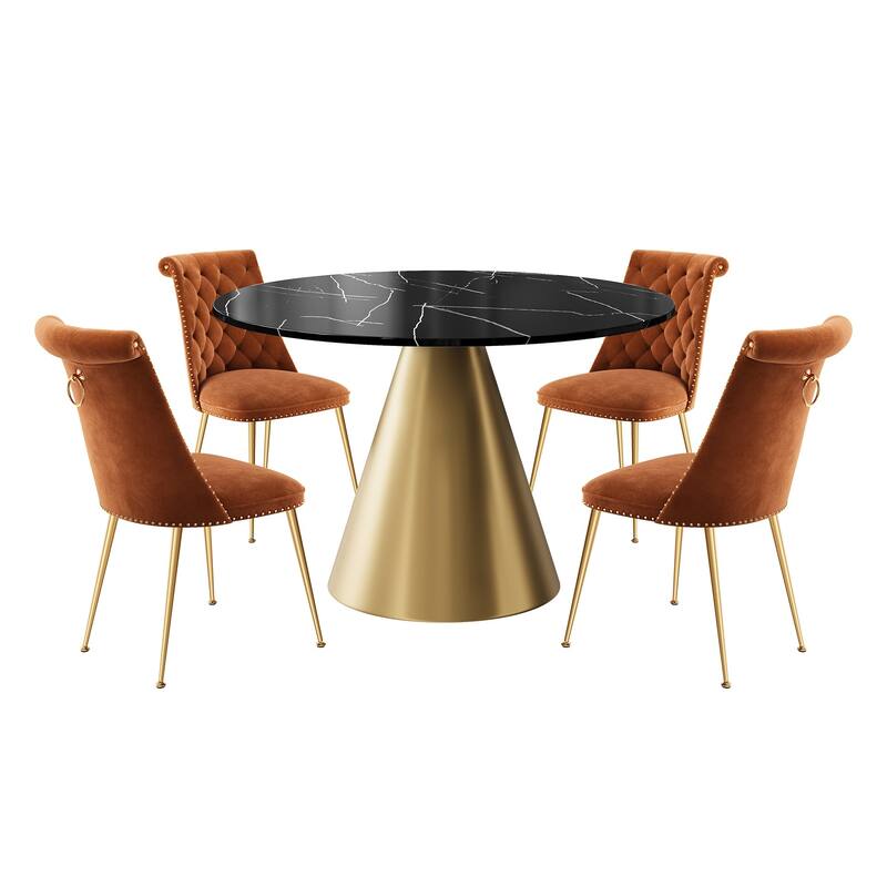 48" Marble Top Metal Dining Table with Velvet Dining Chair Set