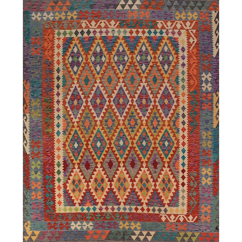 Reversible Kilim Oriental Area Rug Hand-Woven Multi-Color Wool Carpet - 8'5"x 9'8"