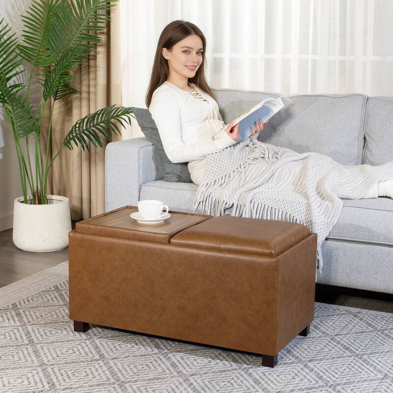 Adeco Rectangle Faux Leather Storage Ottoman with Dual Flip-Top Trays - 31.1"X15.4"X15.7