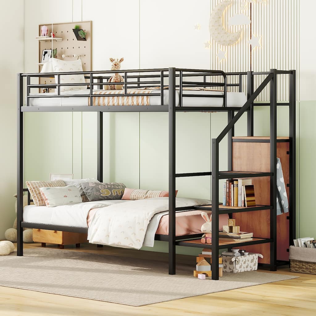 Twin Over Twin Metal Bunk Bed with Storage Ladder and Wardrobe, Space-Saving Design