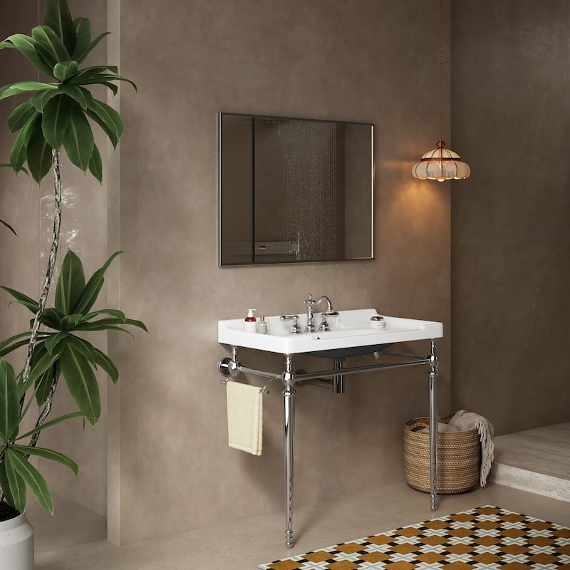 36"Bathroom Console Sink,Wall-Mounted Ceramic Basin with 3 Pre-drilled Faucet Holes,Freestanding Support Legs with Towel Bar