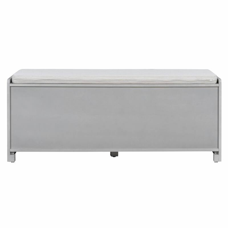 Rustic Storage Bench with Removable Cushion, Woven Rattan Doors & Adjustable Shelves