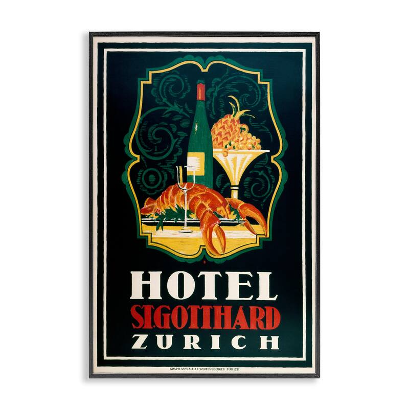 Stupell Vintage Hotel Zurich with Lobster Framed Giclee Art Design By Marcus Jules - 16 x 24 - Black