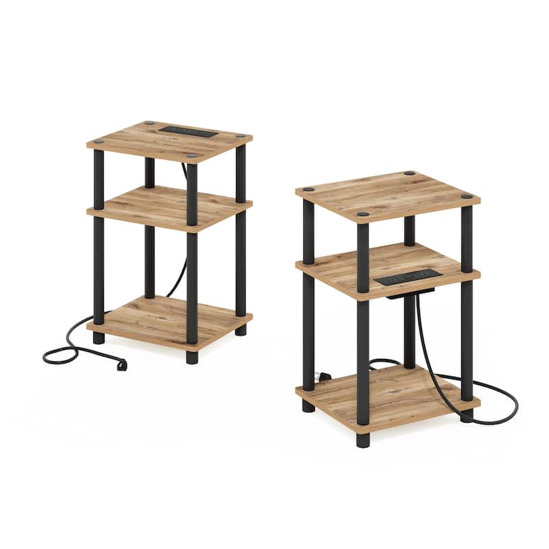 Modern End Table with USB Charger & Storage - 3 Tier Nightstand Set of 2 - Flagstaff Oak/Black - 13.39