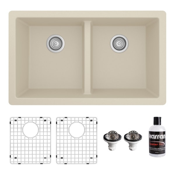 Karran 32" Undermount Double Equal Bowl Quartz Kitchen Sink Kit - 32" x 19.5" x 9". Opens flyout.