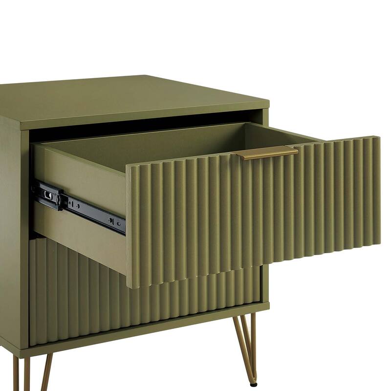 20-Inch Fluted Nightstand with 2 Drawers, Gold Metal Handles, and Splayed Legs in Olive Green