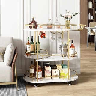 Mobile Bar Seving Carts On Wheels with 4-Tiers Storage Shelves, Wine Rack and Glass Holder for Kitchen, Dining Room