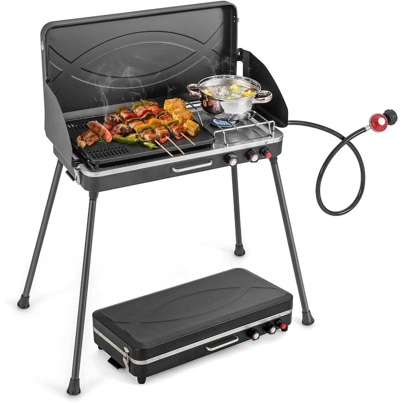 Portable Camp Grill 2-Burner Propane Camping Stove w/ Detachable Legs - Black