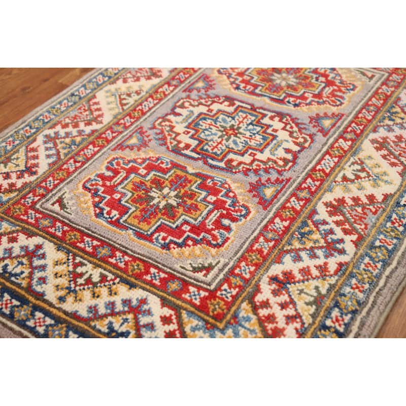 Geometric Kazak Oriental Foyer Rug Handmade Grey Wool Carpet - 2'0"x 3'0"