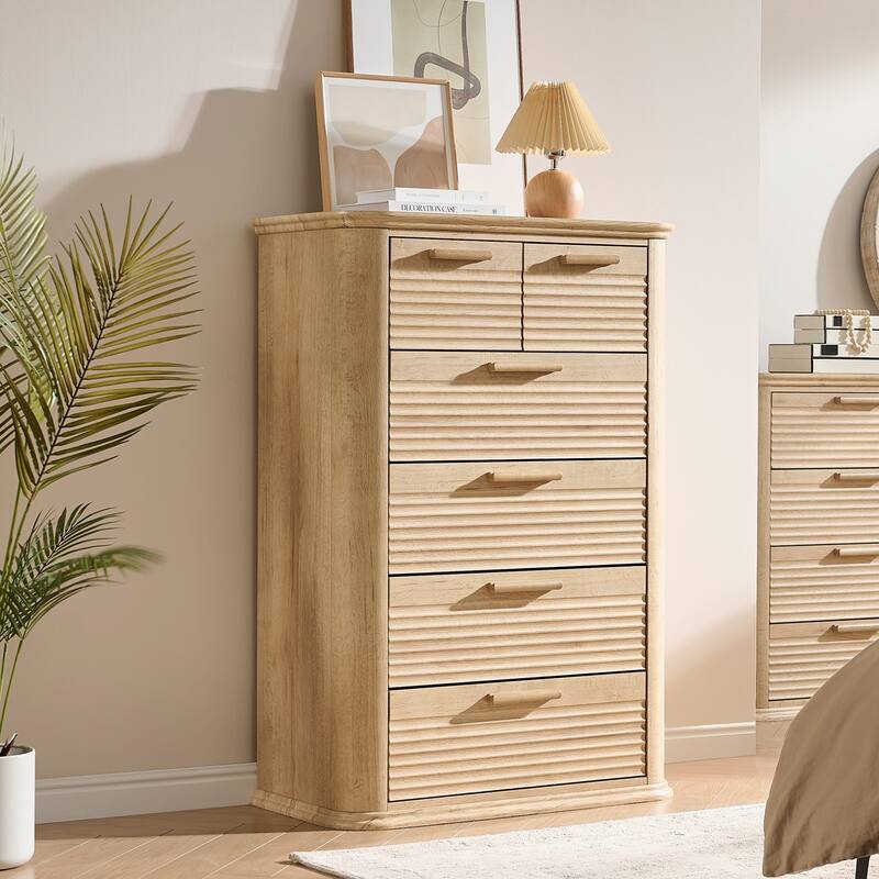 Mid-Century Modern 6 Drawers/7 Drawers Dresser for Bedroom, Tall Dresser & Chest of Drawers with Curved Profile Design