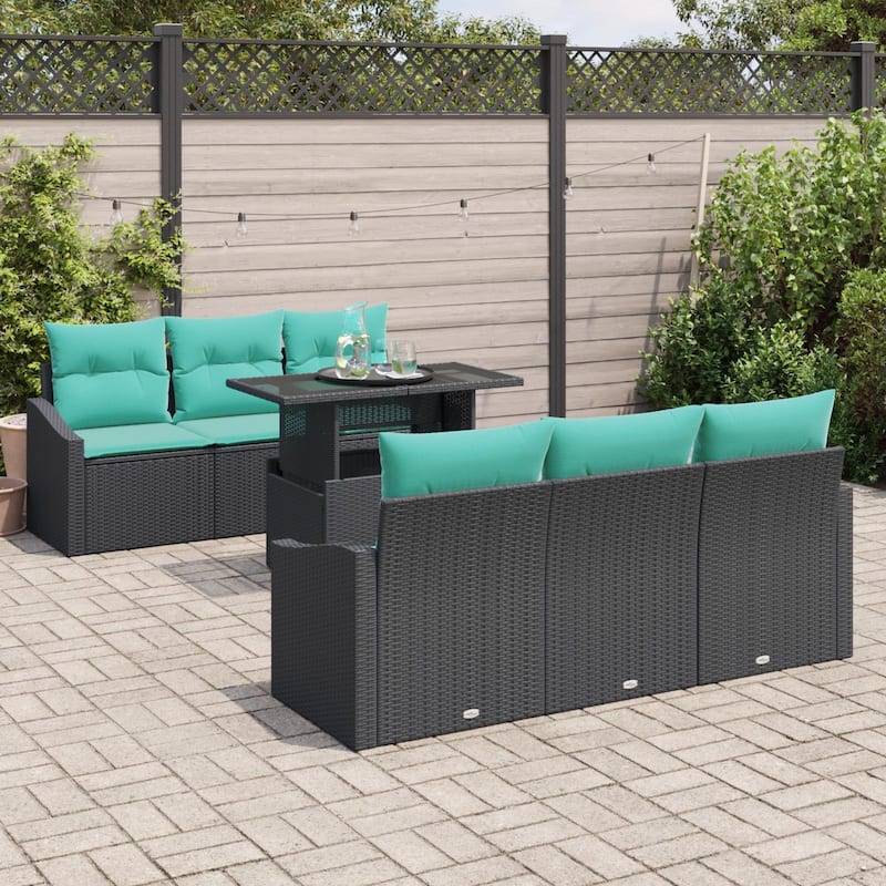 vidaXL 7 Piece Garden Sofa Set with Cushions Black Poly Rattan - 70.1×24.4×27.2