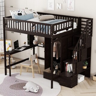 Full Loft Bed with Bookshelf Wardrobe Storage Stairs - Espresso