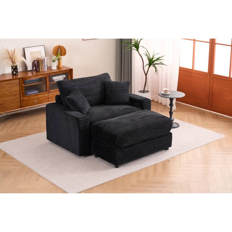 Single Sofa Chair with Removable Ottoman, Comfy Sleeper Chair in Black Corduroy