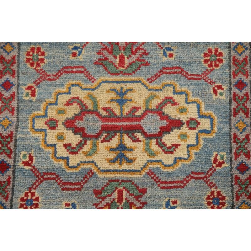 Kazak Runner Rug Light Blue Handmade Wool Carpet - 2'7" x 9'3"