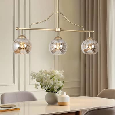 Ziv Mid-Century Modern 3-Light Gold Linear Chandelier Mercury Glass Island Lights for Dining Room - 28.5" L x 5.5" W x 13" H