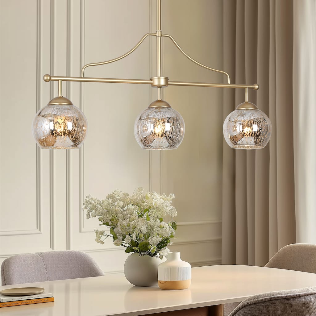 Ziv Mid-Century Modern 3-Light Gold Linear Chandelier Mercury Glass Island Lights for Dining Room - 28.5" L x 5.5" W x 13" H