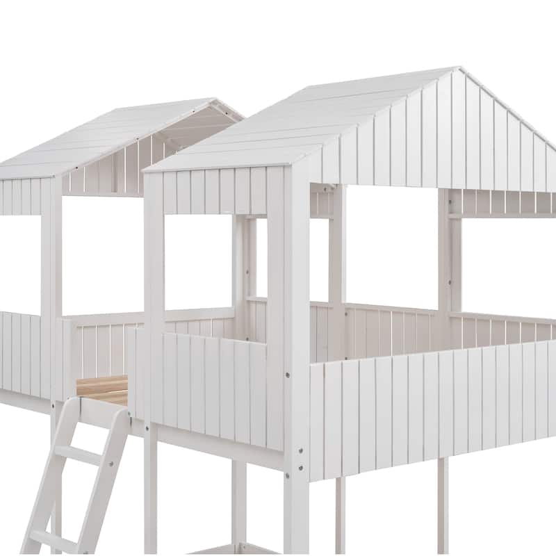 Full Over Full Pine House Bunk Bed with Roof and Ladder