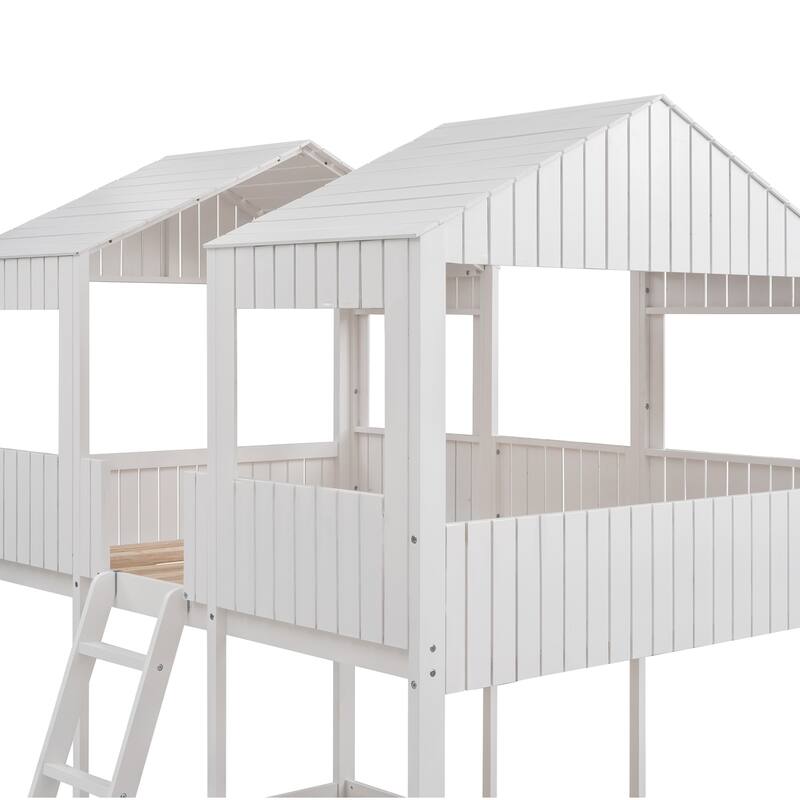 Full Over Full WoodBunk Bed with Roof, Window, Guardrail, Ladder