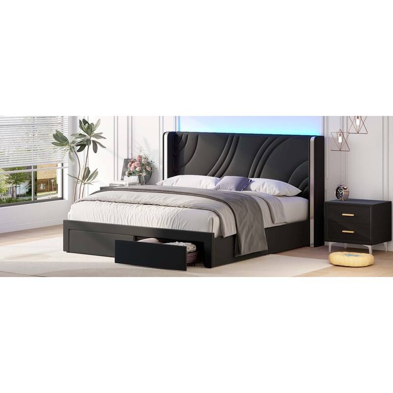 Modern Wingback Bed Frame with Storage Drawers RGB Light