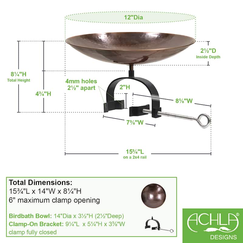 Achla Designs 15.75"L Round Burnt Copper Stainless Steel Birdbath w/ Wrought Iron Over Rail Bracket