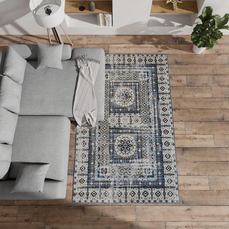 Kezia Vintage Style Tribal Kazak Rug, Blue/Vanilla Beige