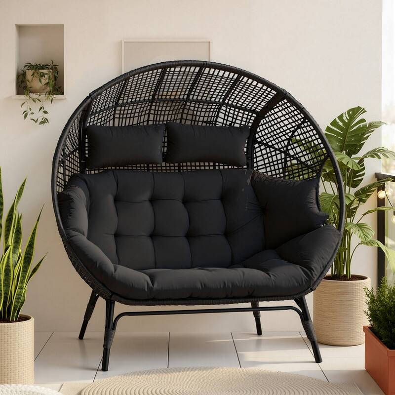 2-Person Papasan-Style Oversized PE Wicker Egg Chair with Cushions, 57.1" Wide, 680-lb Capacity, Indoor/Outdoor - Dark Grey
