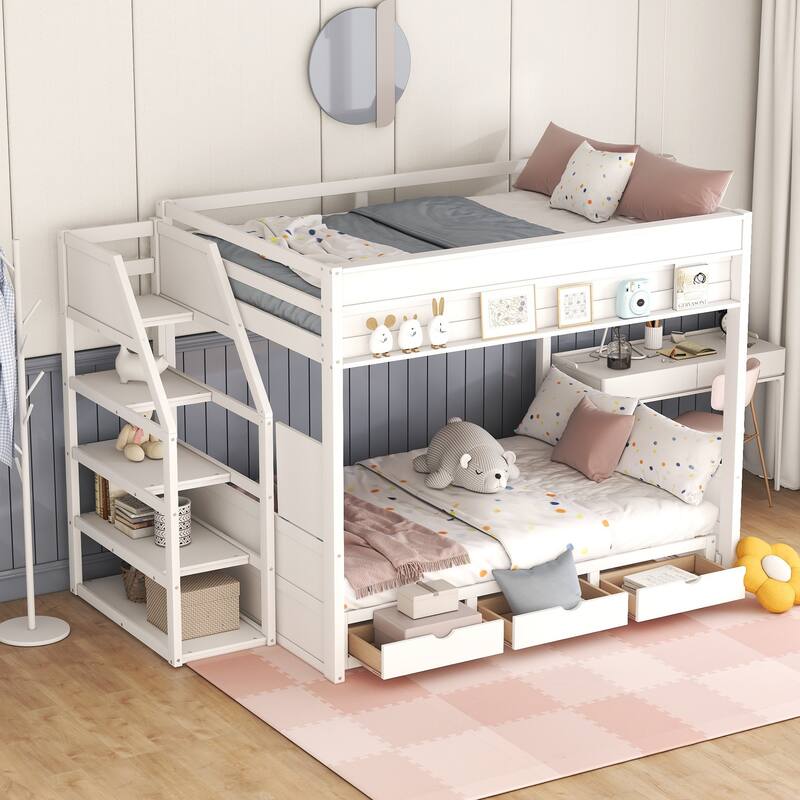 Wood Full Size Convertible Bunk Bed with Storage Staircase, Bedside