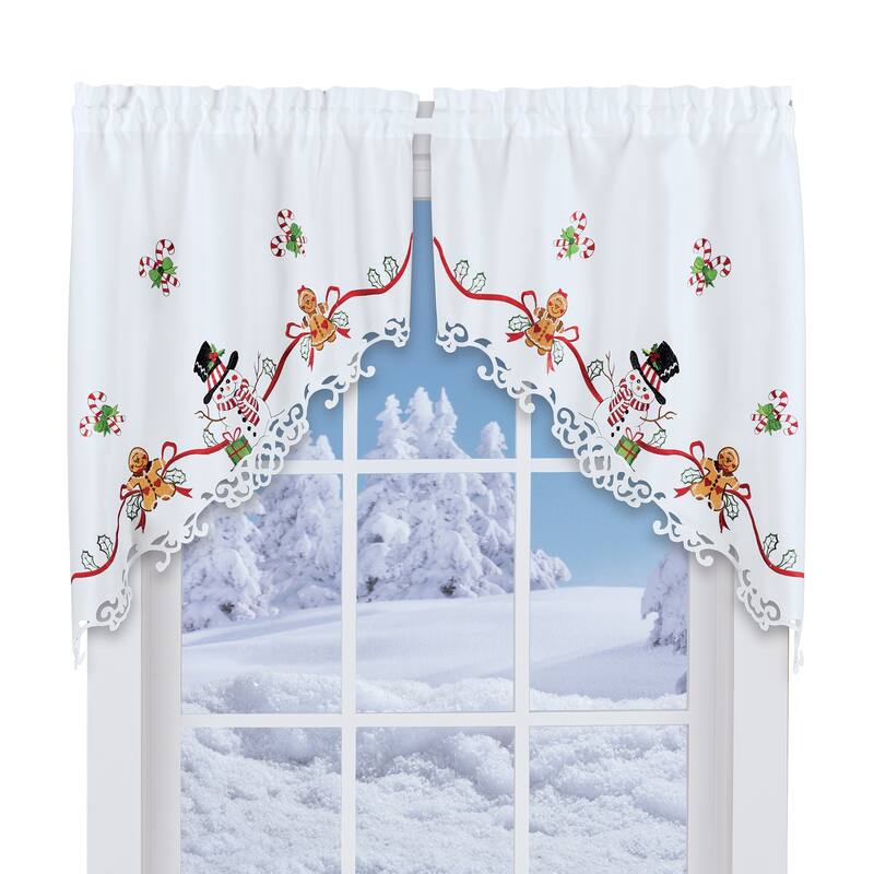 Embroidered Snowman Gingerbread Holiday Kitchen Café Curtains