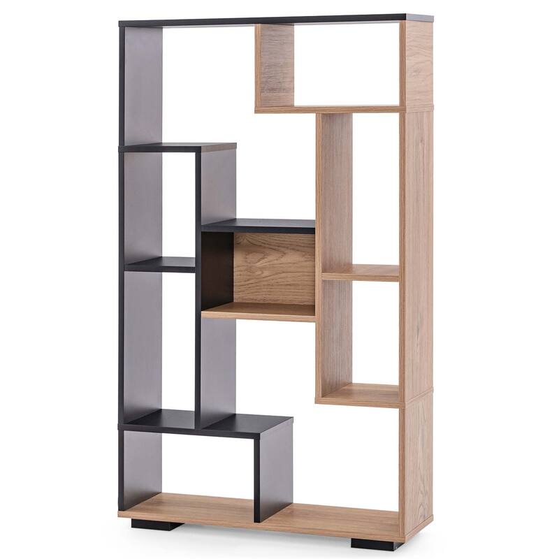 47'' Geometric Bookshelf Tall Bookcase with Multiple Open Shelves - Black + Natural